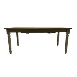 Neptune - 'Suffolk' 8-12 seat extending dining table, rectangular oak with breadboarded ends, on light grey finish base with turned supports, three additional leaves