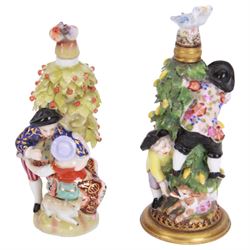 Sitzendorf perfume bottle, modelled as lovers around a tree, together with another continental perfume bottle of similar design, H11cm 