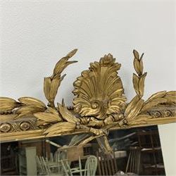19th century gilt wood and gesso overmantel mirror, shell and laurel leaf cresting over foliate egg and dart surround and outer beading, acanthus scroll and laurel leaf corner bracket
