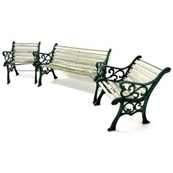 Cast iron garden bench, painted timber slats (W127cm) and pair of matching armchairs (W63cm)
