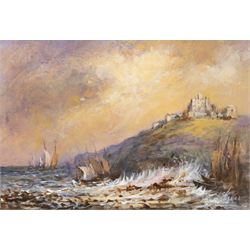 Colin Russell (Northern British 1932-2009): Bamburgh Castle - Northumberland, oil signed 20cm x 29cm