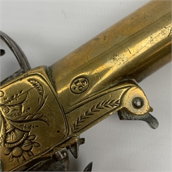 Early 19th century Belgian brass cannon barrelled flintlock overcoat pistol with 12cm spring bayonet, Liege (ELG) proof marks, foliate engraved boxlock action with sliding top safety, fluted and chequered walnut grip with stylised shell side plates, L40cm overall extended