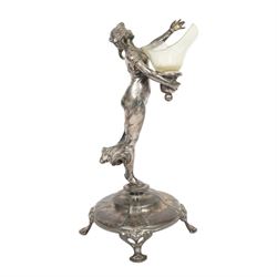 Art Nouveau pewter centre piece, modelled as a female figure upon a circular base raised  on four whiplash feet (a/f),  H28cm 