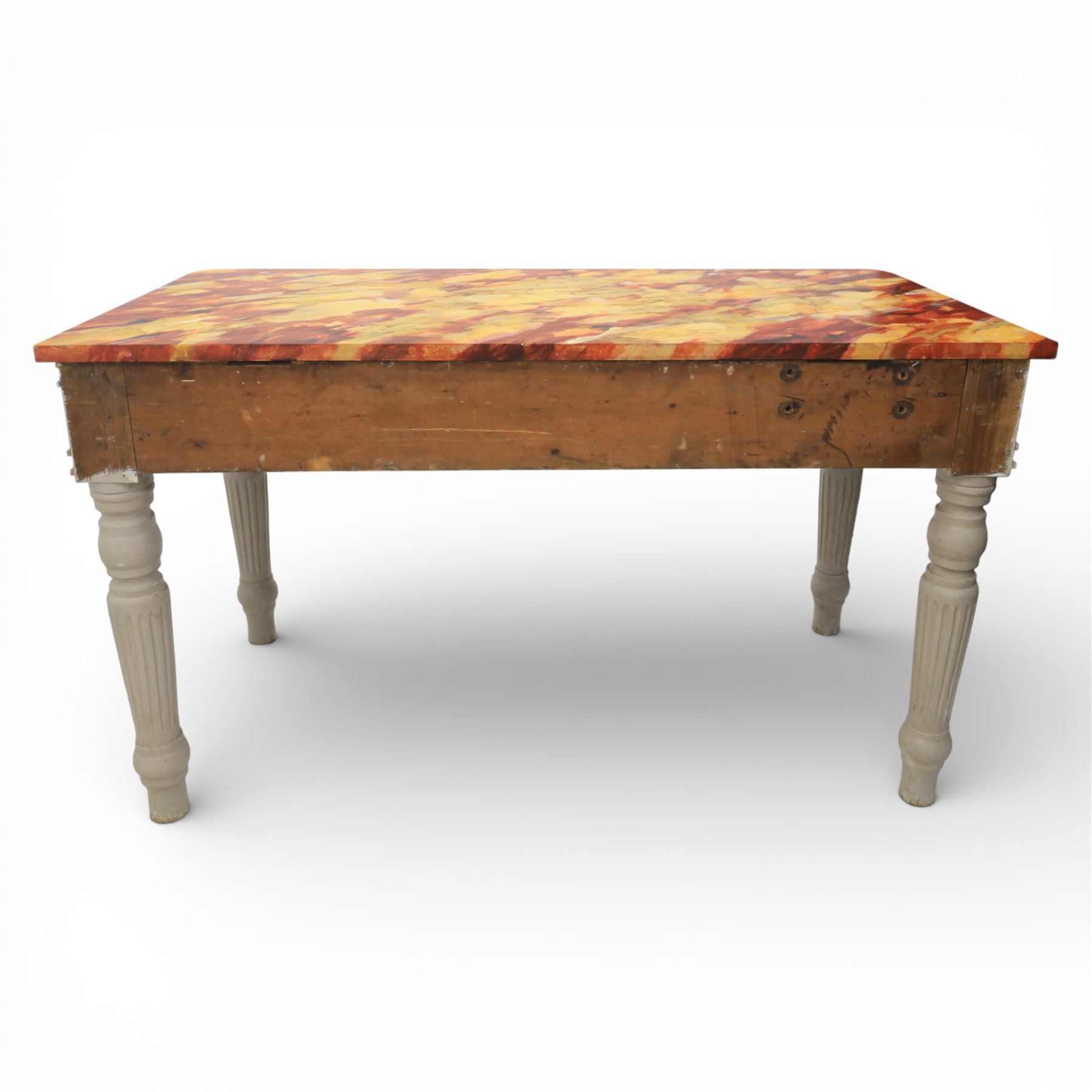 A pair of 19th century style pine console tables, with rectangular simulated marble top over a painted frieze, raised on fluted and turned tapering legs