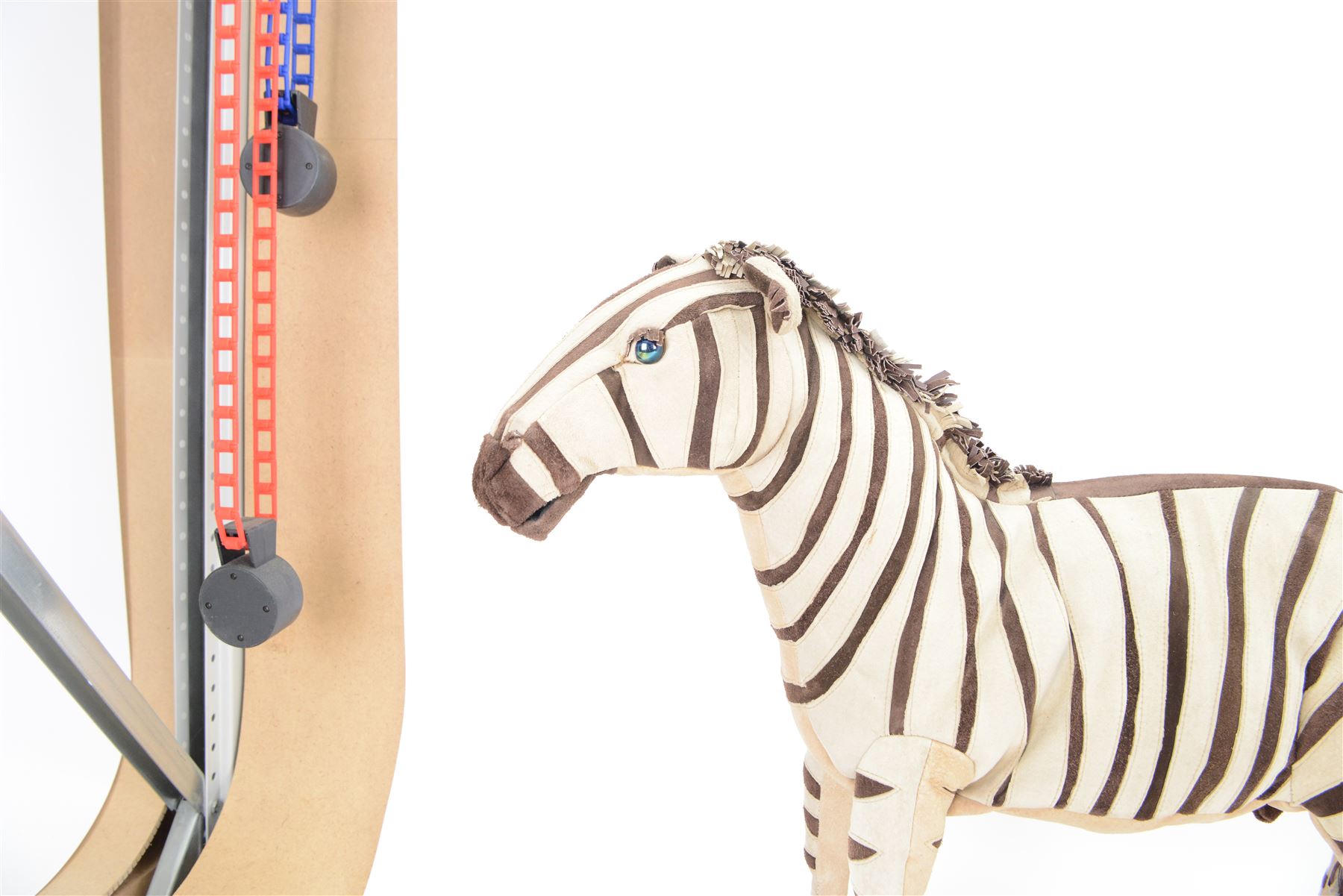 Karen Trower: two zebra sculptures, with leather sew over wood and metal frames, H48cm