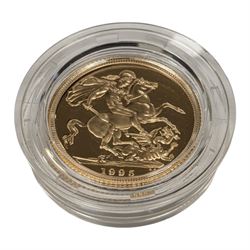 Queen Elizabeth II 1995 gold proof full sovereign coin, cased with certificate