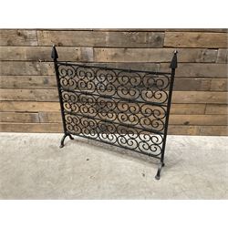 Black painted wrought iron fire guard , wicker log basket with stand, coal bucket and a fire kerb (4)