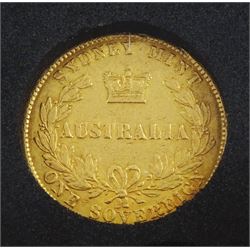 Queen Victoria 1864 Australian gold full sovereign coin, Sydney Mint, housed in a plastic holder with CPM information leaflet and display box