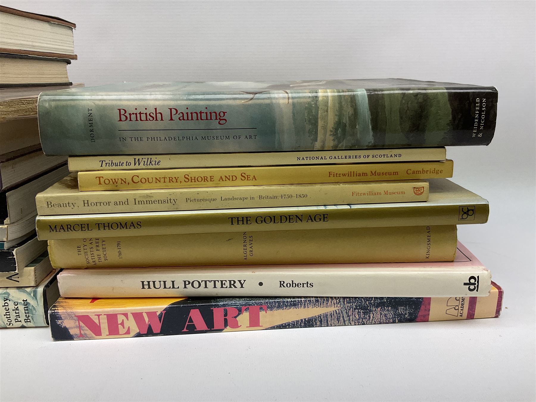 Large collection of fine art and antique reference books, to include Gordon Fleming, The Young Whistler; Sidney C. Hutchison, The History of the Royal Academy, Edward Yardley, The Life and Career of Frank Henry Mason R.B.A., R.I., R.S.M.A. 1975-1965; Brenda Roberts, The Collectors Encyclopaedia of Hull Pottery; Marcel Thomas, The Golden Age Manuscript Painting at the Time of Jean, Duc de Berry; Lindsay Errington, Tribute to Wilkie, etc. 