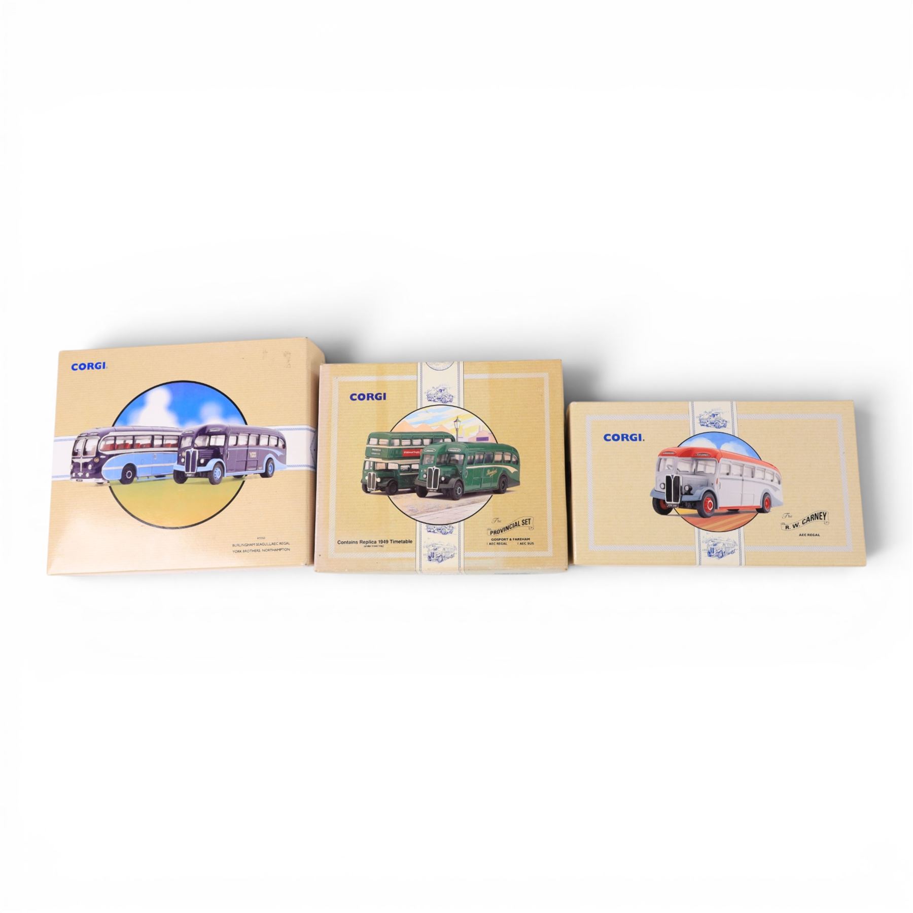 Thirteen Corgi Classic Commercials and Classic Public Transport diecast models, including four limited edition sets, comprising The Buses of Silver Service no. 97070, The Devon Bus Set no. 97071, Whittles no. 97069, The South Wales Set no. 97075, The East Lancashire set no. 97077, Devon General 75th Anniversary no. 97052, Burlingham Seagull no. 97174, The R.W Carney no. 97193, The Provincial Set no. 97072, Burlington Seagull Ribble no. 97173, Double Deck Tram Plymouth no. 97269, Burlingham Seagull AEC Regal no. 97053 and Guy Arab Birmingham no. 97201, all boxed