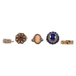 Two 9ct gold paste rings, both hallmarked, together with three silver stone set rings