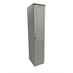 Oak and white finish tall narrow single wardrobe, fitted with shelves