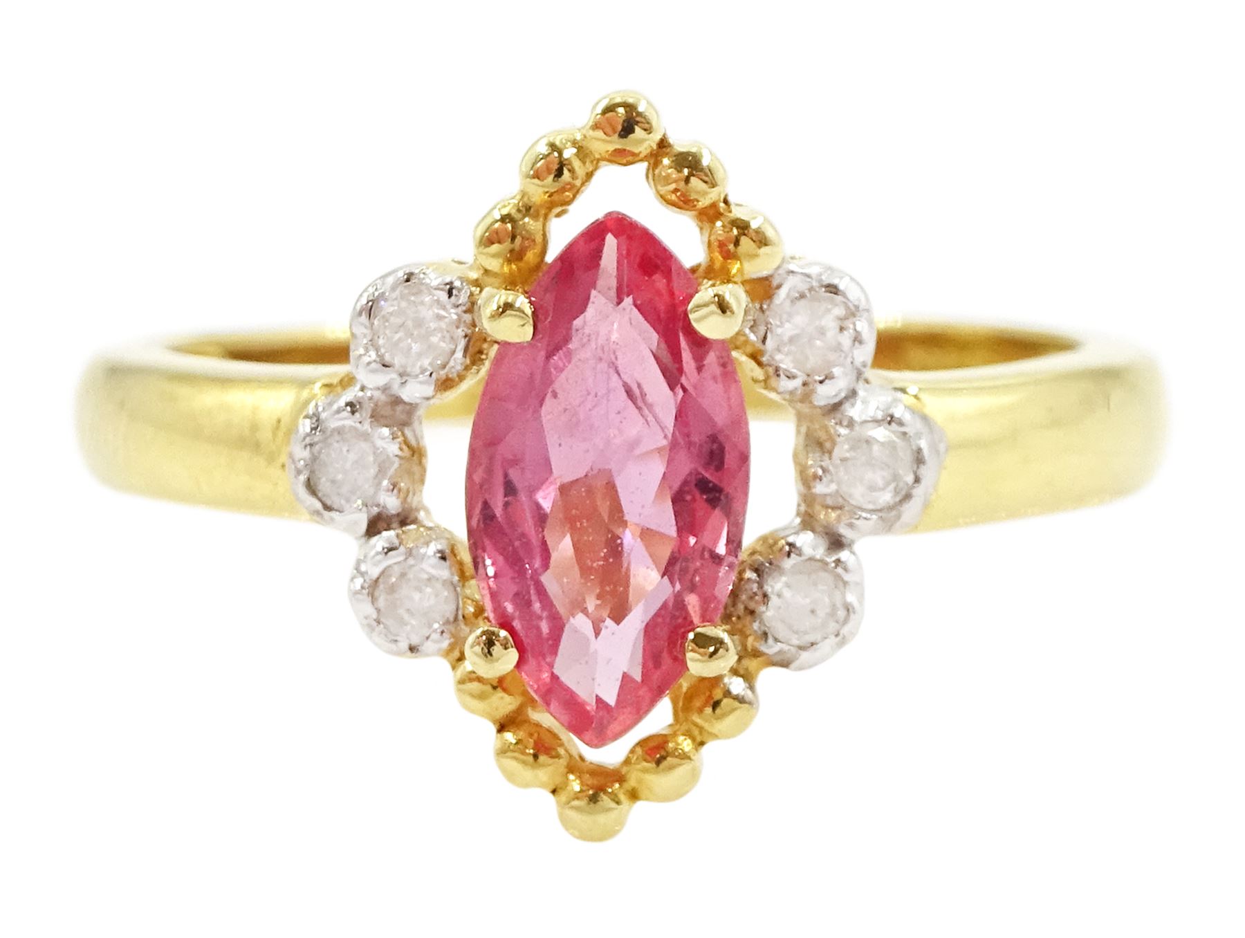 18ct gold padparadscha sapphire and diamond ring, single marquise cut sapphire of approx 0.75 carat, in openwork diamond and bead setting, Birmingham 2006