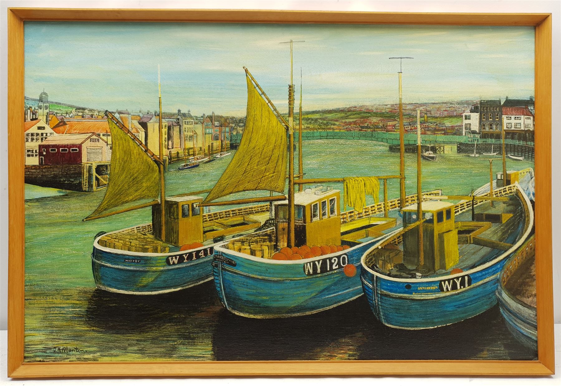 J H Morton (British mid 20th century): Keel Boats Whitby, oil on board signed 60cm x 90cm