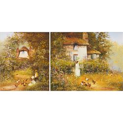 Les Parson (British 1945-): Children Playing in a Flourishing Garden, pair of oils on canv...