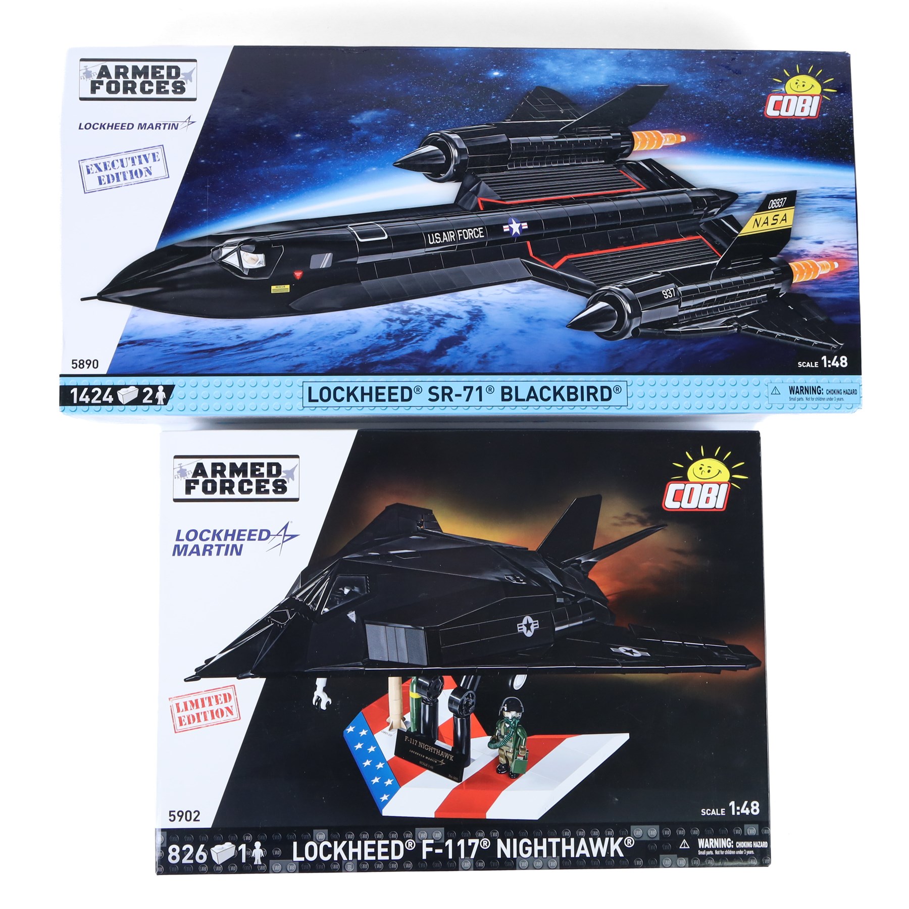 Two Cobi Bricks 1:48 scale Armed Forces model aircraft sets, comprising limited edition no. 5902 Lockheed F-117 Nighthawk and executive edition no. 5890 Lockheed SR-71 Blackbird, both in sealed boxes