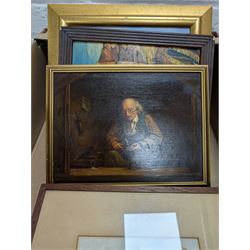 Collection of pictures, to include after James McArdell (Irish 1729-1765): James Quinn as Sir John Falstaff, oil on wood panel unsigned; English School (20th century): Fisherman by a Farm, watercolour signed with S J monogram and dated 1923; after Charles Spencelayh (British 1865-1958): The Cobbler, oil on wood panel unsigned, and two others max 19.5cm x 26cm (5) (one unframed)