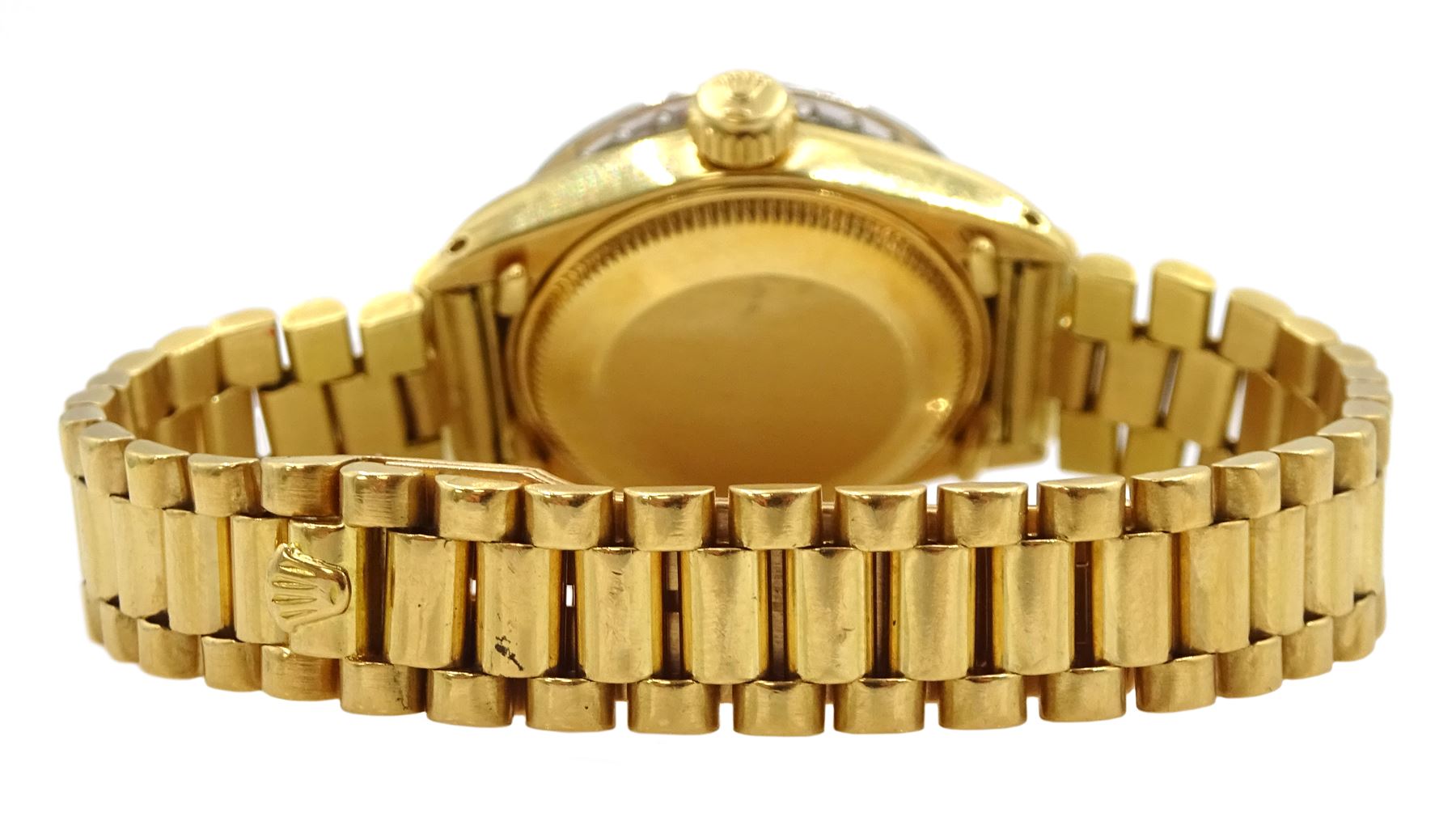 Rolex Oyster Perpetual Datejust ladies 18ct gold automatic wristwatch, circa 1978, diamond wristwatch, Ref. 6913, serial No. 5567968, black diamond dot dial and diamond bezel,  on 18ct gold president bracelet with fold-over clasp, boxed with Watch Repair Centre certificate dated 2021