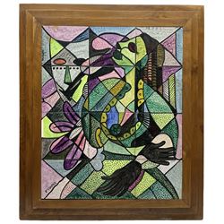 Peter Young (British mid 20th century): 'Girl with a Necklace', ceramic panel of twelve tiles signed mounted in stepped walnut frame, titled verso with artist's address 'Stonar Cottage, Main Road, Old Duston, Northampton' 72cm x 62cm overall