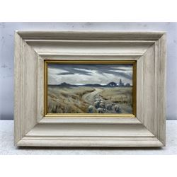 English School (Early 20th century): Sheep in Upland Landscape, oil on board indistinctly signed and dated '19?, 13cm x 23cm
