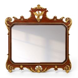 Large George III mahogany wall mirror, parcel gilt shaped frame with scrolling acanthus, s...