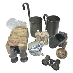 Collection of Pewter to include tankard, salt and pepper, together with racing glasses, German Tettau blue and white feeding cup etc