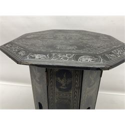 Anglo-Indian octagonal occasional table, with silvered inlay and a central panel depicting a temple scene, H36cm 