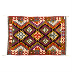 Afghan Maimana flatweave kilim, central field features large bold nested diamond motifs an...
