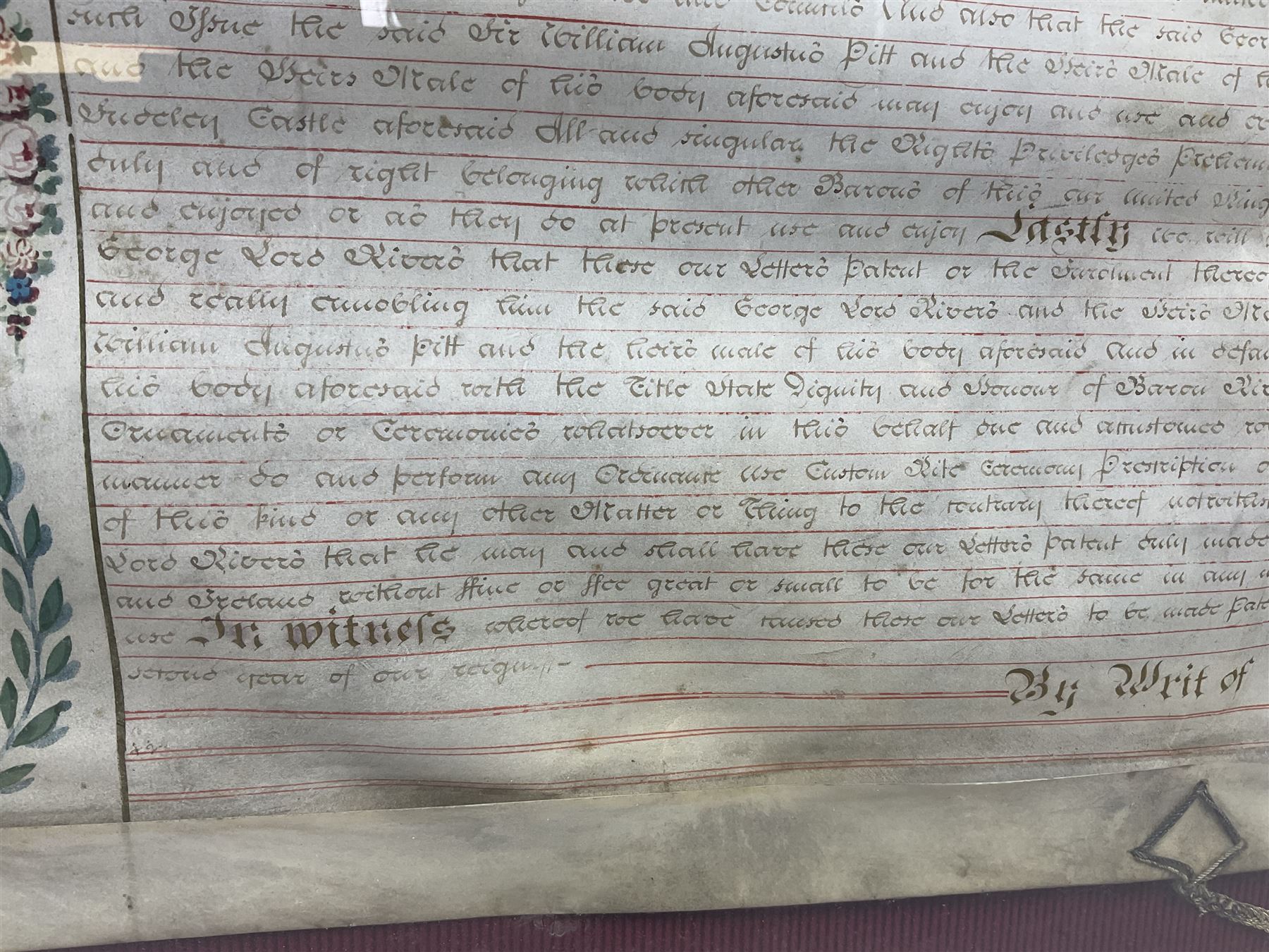 Large 18th century framed and glazed Indenture for King George III to George Rivers, Lord Rivers of Straths Saye, including frame H92.5cm L107.5cm