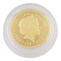 Queen Elizabeth II 2004 and 2005 gold proof full sovereign coins, forming the 'St George and The Dragon Gold Proof Sovereign Pair', housed in a Westminster case