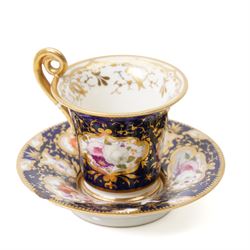 Grainger Lee & Co Worcester teacup, together with a collection of cobalt blue cabinet cups and saucers,  including a Royal Doulton hand-painted example by E Percy, and various others 19th century and later, mostly unmarked (7 pairs)