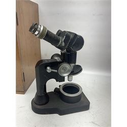 Four microscopes, including Cooke, Troughton & Simms no M467926, W Watson & Sons no 114758, W & J George & Beck Ltd no 36649 and one other 