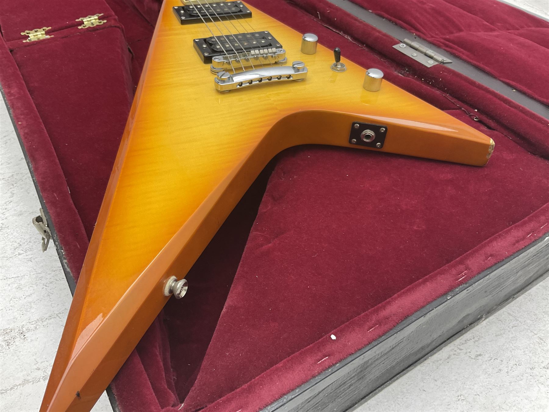 Shine offset V-shaped six string electric guitar, in fitted case