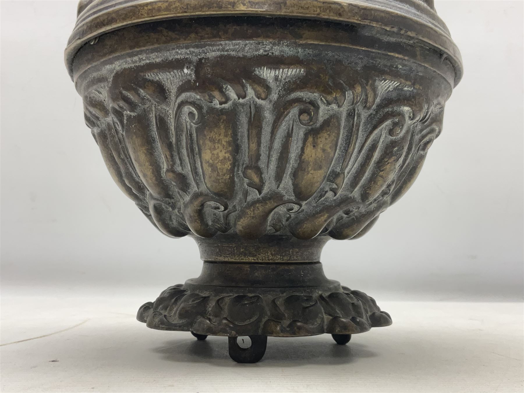 Heavy Victorian counter weight for oil lamp chandelier pulley, cast with foliate decoration, L26cm, approx 12kg