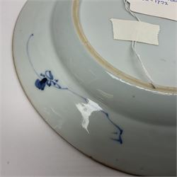 Japanese Meiji period Arita blue and white plate, of circular form, painted with riverside landscape and bird upon flowering branch, with character mark beneath, D24.5cm, together with two 18th century Chinese blue and white plates, each painted with floral design, each approximately D22.5cm