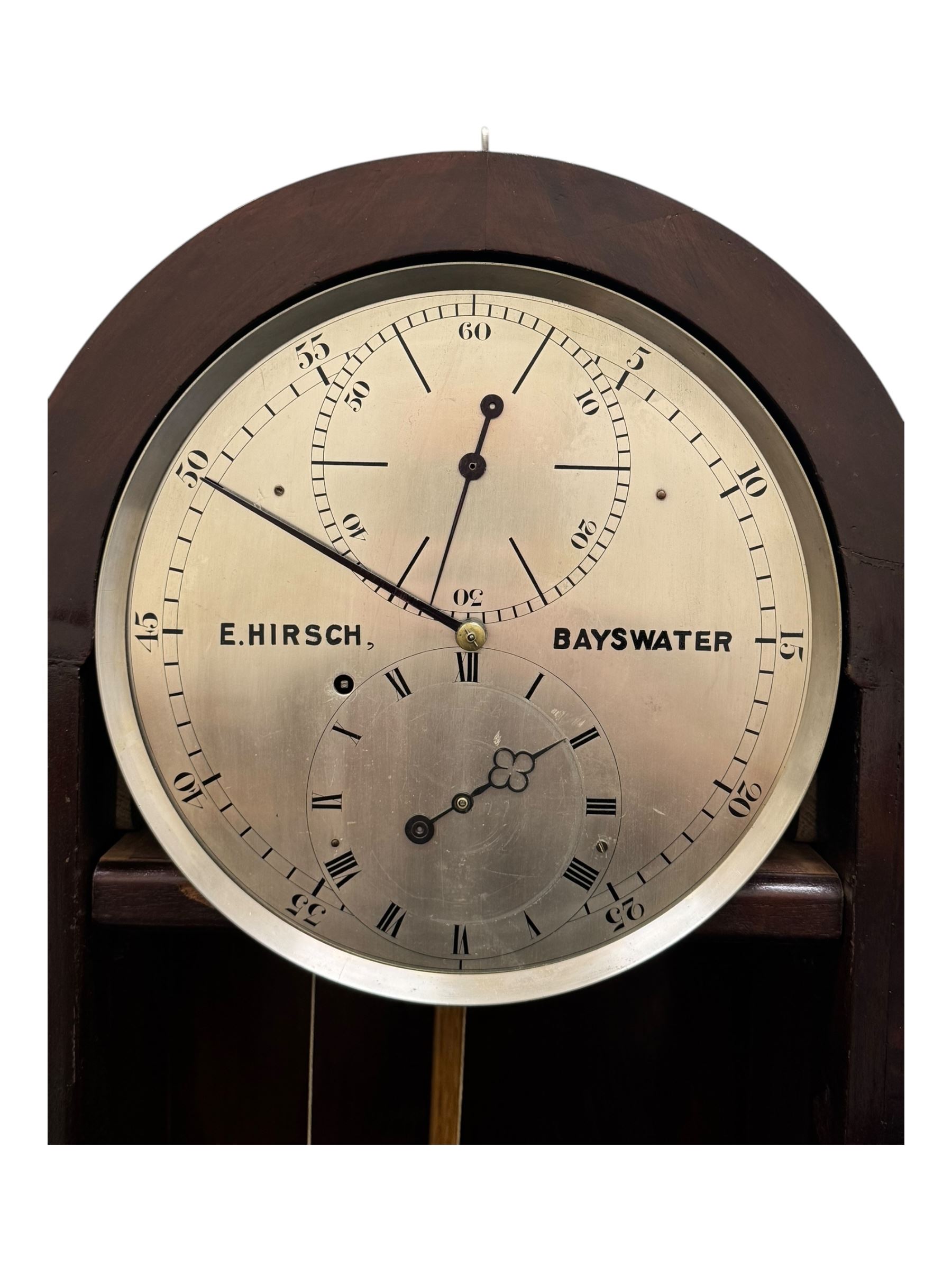 Hirsch of Bayswater-Fine late Victorian 8-day mahogany cased Jewellers regulator, wall mounted case with an arched top and tapering swept base, fully glazed door with visible pendulum and off-set brass cased weight, 10-1/2