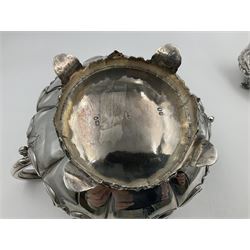 Victorian silver three piece tea service, comprising teapot, twin handled open sucrier, and milk jug, each of bellied form with acanthus capped scroll handles, the sides embossed with alternating scroll edged vacant panels and panels containing a pair of birds, upon four palmette feet, the teapot with ivory insulators to handle, and bird finial to the hinged domed cover, hallmarked William Hunter & Son, London 1861, teapot H19cm, including handles sucrier H13.5cm, including handle milk jug H12cm

This item has been registered for sale under Section 10 of the APHA Ivory Act