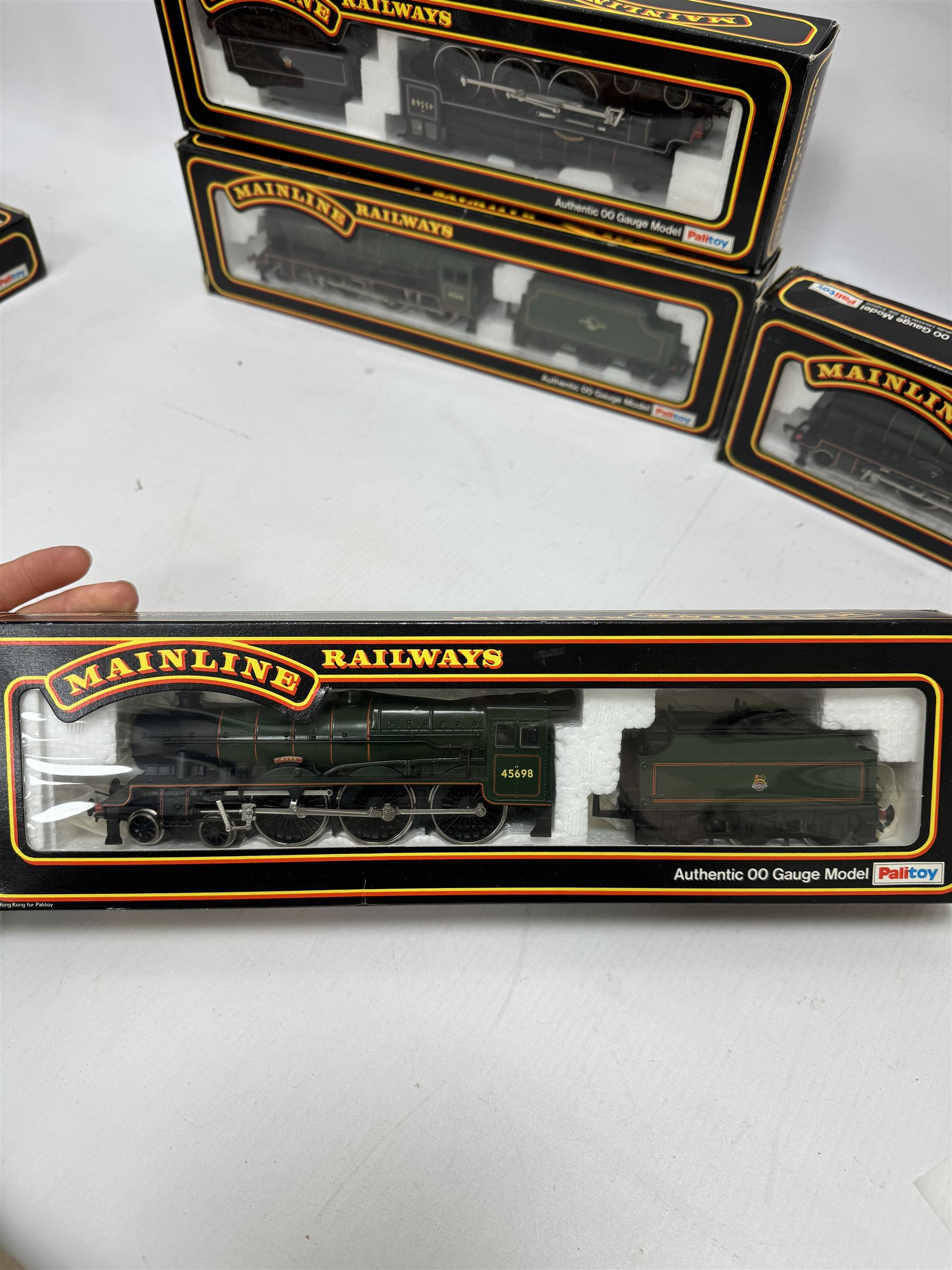 Seven Mainline Railways '00' gauge Jubilee Class 4-6-0 locomotives, comprising five 37062 in BR green livery, reworked as United Province no. 45578, Newfoundland no. 45573, Bellerophon no.45694, Nelson no. 45664 and no. 45691, 37047 Mars locomotive no. 45698 with Fowler tender in BR green livery and 936153 Western Australia locomotive no. 45568 in BR black livery, all boxed