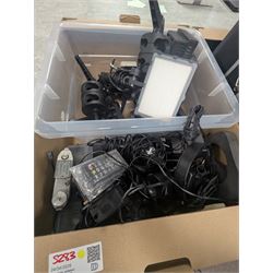 Collection of photography equipment, including flashes, hoods, filters, telephoto lens, bags, etc