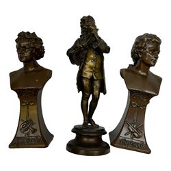 Cast metal figure depicting man in classical dress playing a flute, signed to base Par Lalouette, together with a pair of busts, depicting Beethoven and Mozart, tallest H22cm
