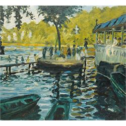 Barry De More (Yorkshire 1948-2023) after Claude Monet (French 1840-1926): 'Bain à la Grenouillère', oil on canvas signed and inscribed verso 58cm x 65cm 
Notes: Acclaimed as one of the North's greatest expressionist artists, Barry De More (1948-2023) used a heavy impasto style to transfer his love of Yorkshire landscapes, townscapes and people to canvas. His work sits comfortably in the company of work by Kossoff and Auerbach, selling to collectors in the UK and overseas. De More's work can be found in the permanent collection of work by Northern Artists at Dean Clough, one of the UK's largest contemporary art galleries.