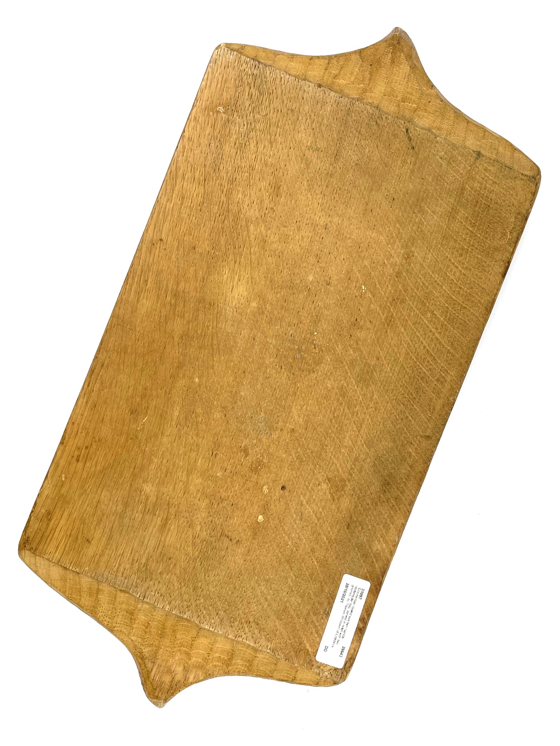 'Gnomeman' tooled oak twin handle rectangular tray, carved in relief with two gnomes, by Thomas Whittaker of Littlebeck 