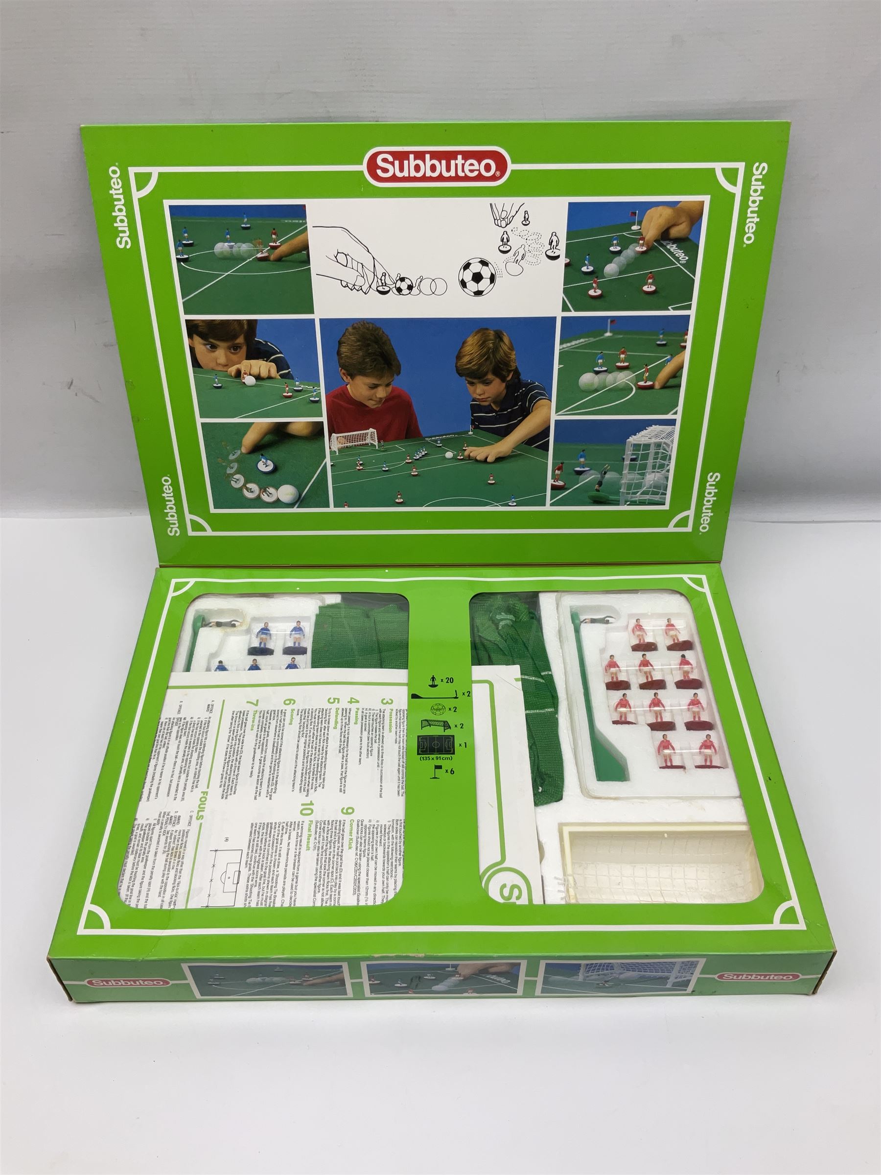 Subbuteo - table football game with plain red and blue teams; looks to be unused in box; six individually boxed additional teams comprising 779 Leeds United 2nd, 770 Manchester United 1993 Premier League Champions, 703 Southampton, 680 Scotland, 287 Notts County/Espinho/Doxa/Grimsby Town and 030 Berwick/East Fife/AEK/Hull City/Lierse; and Corinthian/Tetley Match of the Day Dream Team set of twelve figures on stand