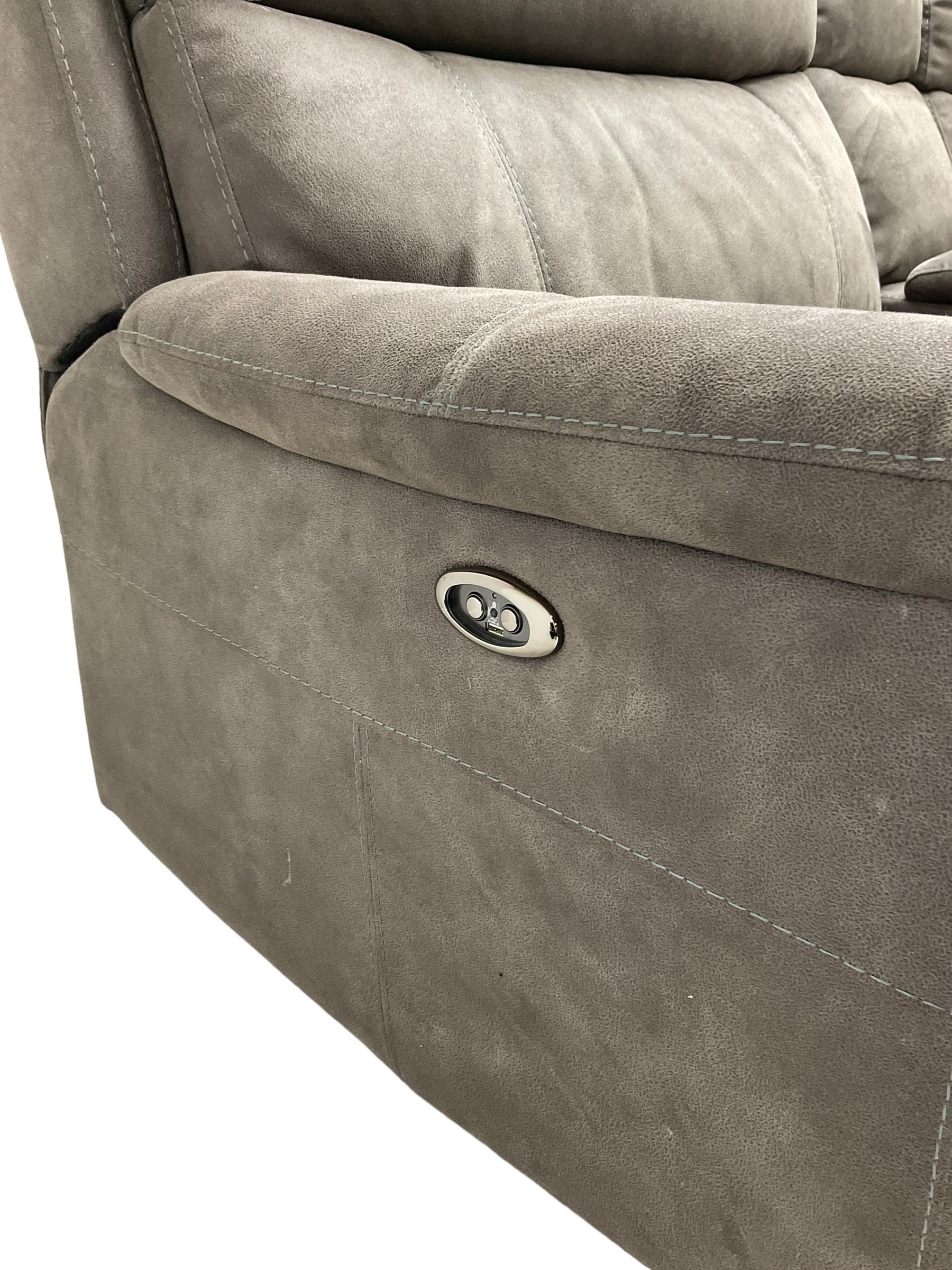 DFS - 'Vinson' two-seat electric reclining smart sofa upholstered in stitched grey fabric, the central console fitted with storage compartment and two drink holders, electric reclining with USB charging ports 