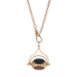 9ct gold belcher link necklace with clip and a 9ct rose gold spinner fob pendant set with onyx, carnelian and bloodstone