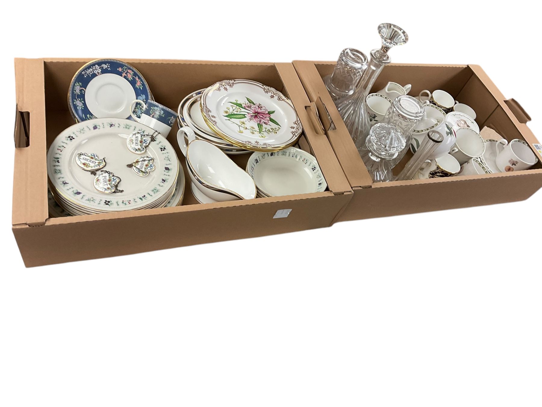 Four Coalport decanter labels, comprising Whisky, Port, Brandy and Sherry, together with  glass decanters, ceramics etc 