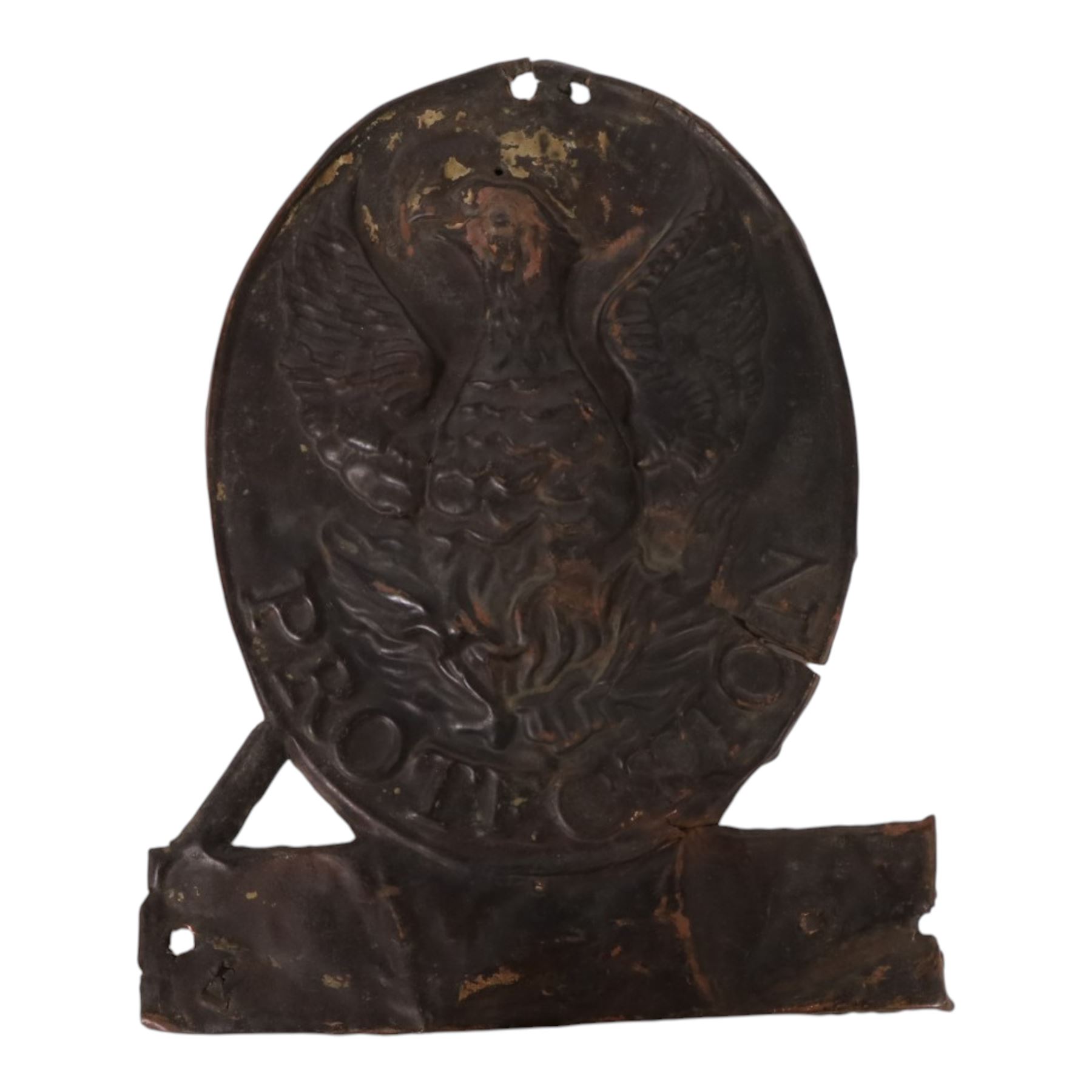 Eight 19th century tin fire insurance marks, comprising Phoenix Assurance Company Limited, Royal Insurance Company, Protector Fire Insurance Company, London Assurance Incorporated, County Fire Office, and District, Royal example H31cm
