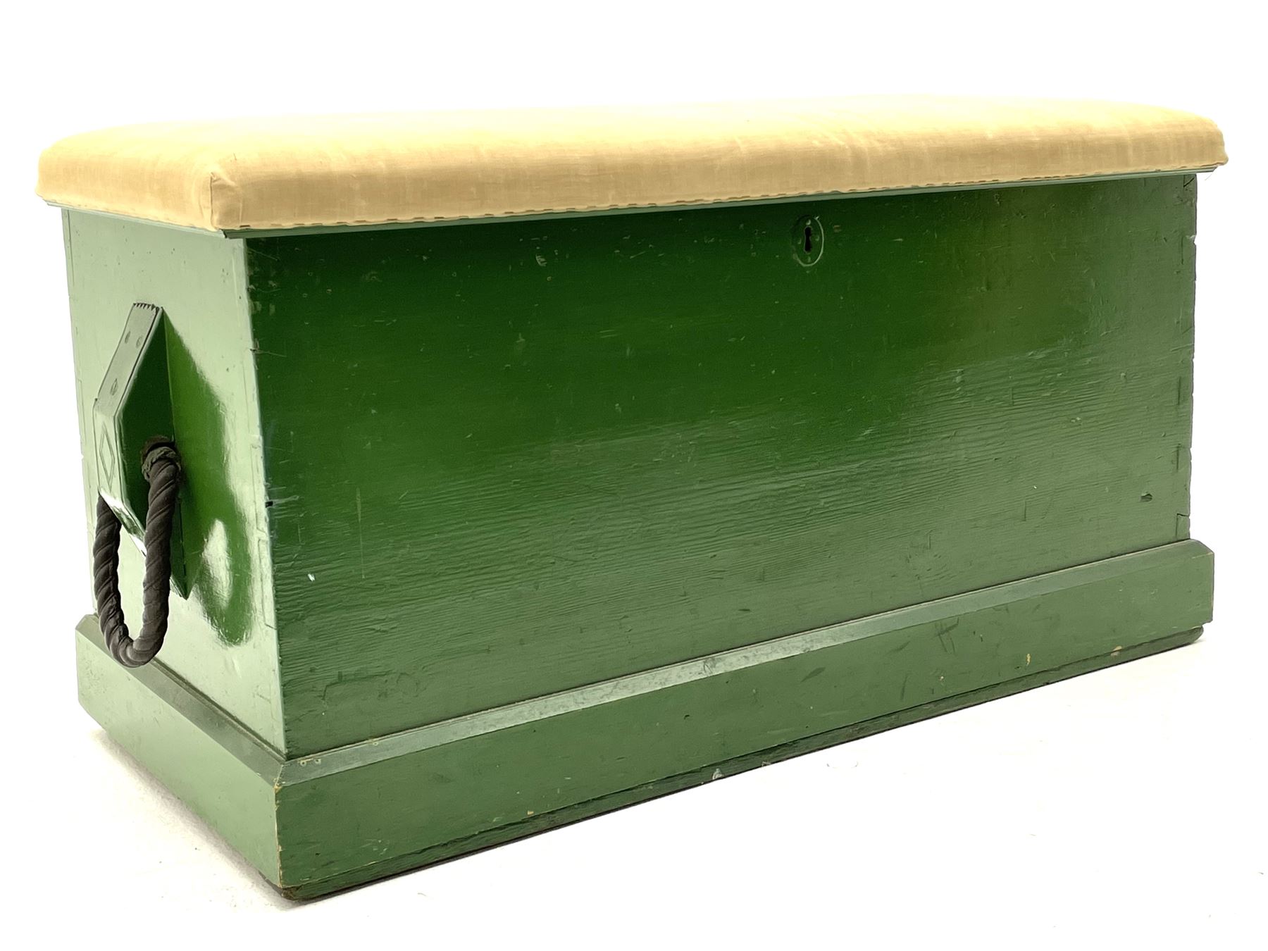 Victorian pine blanket box, cushion upholstered top, roped handles, plinth base 