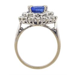 18ct white gold oval sapphire and round brilliant cut diamond cluster ring, Sheffield 2000, sapphire approx 3.75 carat, total diamond weight approx 0.70 carat