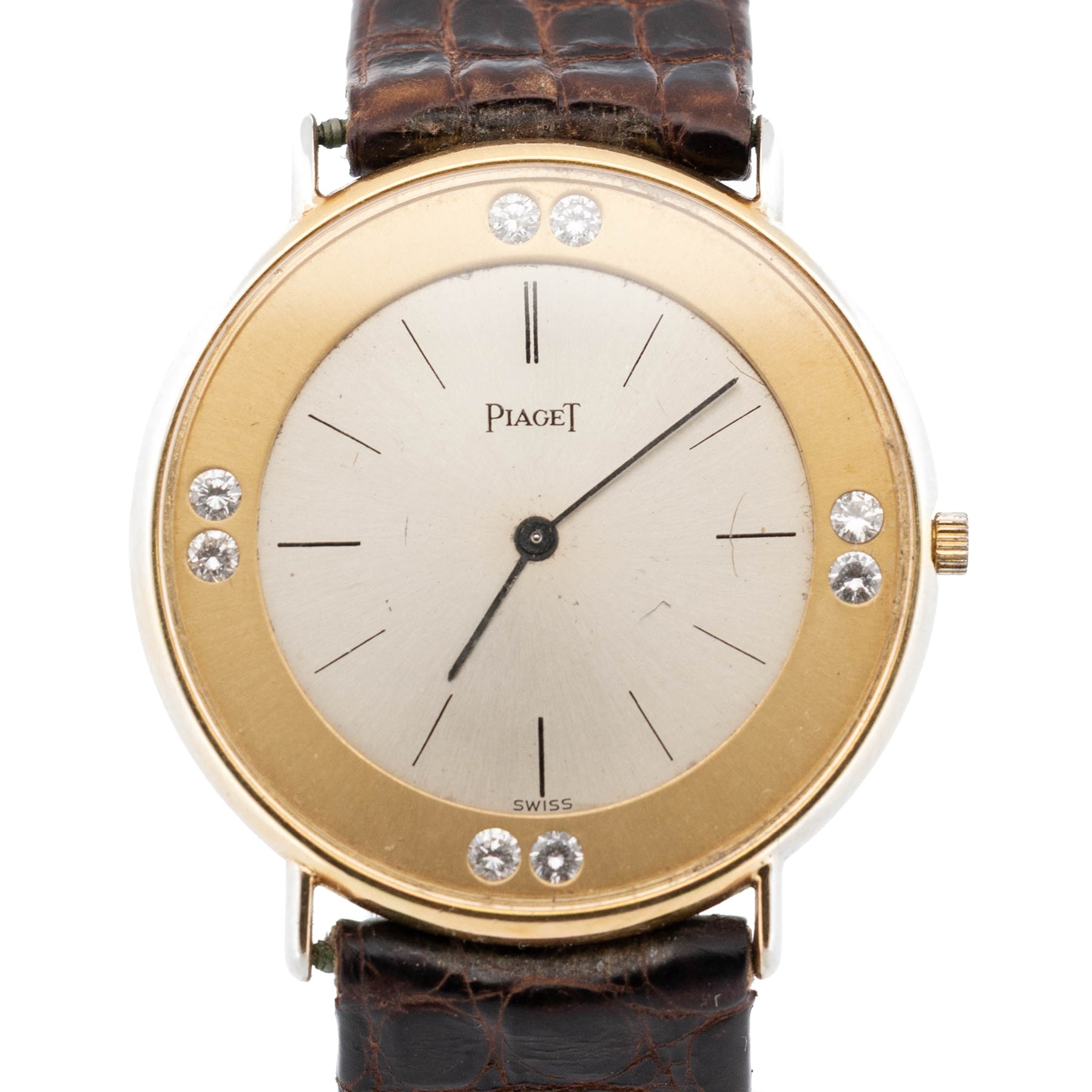 Piaget Altiplano ultra thin 18ct gold diamond set manual wind wristwatch, Ref. 2642, Cal. 20P2, silvered dial with baton hour markers, the gold outer ring set with eight round brilliant cut diamonds, on brown leather strap with Piaget 18ct gold buckle and 18ct gold diamond set spacer